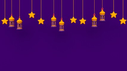 Eid mubarak poester decorated with islamic ornament display product background with purple color