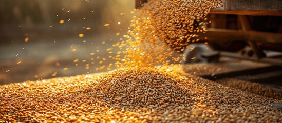 Wheat grain loading at agro plant during harvest. - obrazy, fototapety, plakaty