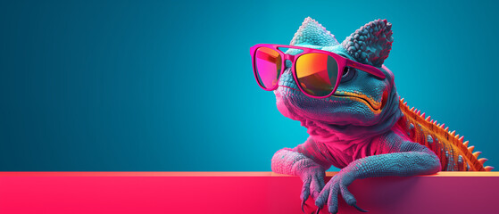 Chameleon wearing sunglasses on a solid color background. Generative AI.