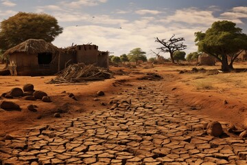 Drought ground in a small village. Rural life difficulties.