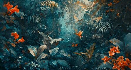 Fototapeta na wymiar a painting of a jungle scene with flowers and plants