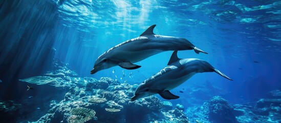 Obraz na płótnie Canvas Dolphins swimming in the sea, marine life underwater.