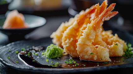 Tempura shrimp on a dark background. Seafood on a beautiful plate, in a restaurant with a Michelin star. Very tasty.