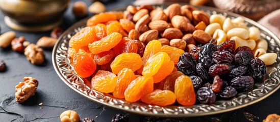 Combine dried fruits (dates, prunes, apricots, raisins) and nuts. Traditional food for Ramadan. - obrazy, fototapety, plakaty