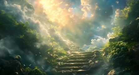 a stairway leading to a cliff in the sky - obrazy, fototapety, plakaty