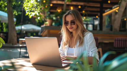 One woman, beautiful female sitting in bar outdoors and using laptop