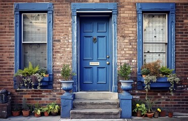 Fototapeta na wymiar Charming Blue Door on Brick Building Facade