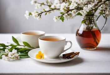 Obraz na płótnie Canvas A cup of tea on a white background with flowers