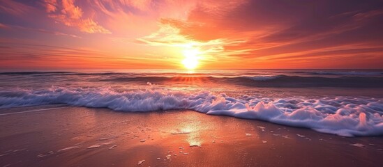 Stunning sunset beach scene with serene waves and captivating sky, perfect for meditation wallpaper.