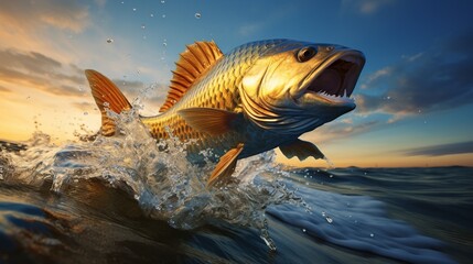 Majestic Fish Leaping at Sunset - obrazy, fototapety, plakaty