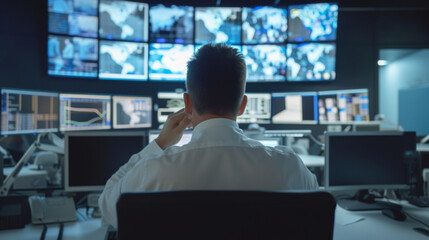 Security Professional Monitoring Multiple CCTV Feeds in a High-Tech Control Room - obrazy, fototapety, plakaty