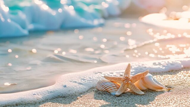 Sea coast with sand, ocean wave, shells and star fish on tropical island. beach with sandy seaside, blue transparent water surface. Paradise island, exotic tropical mp4