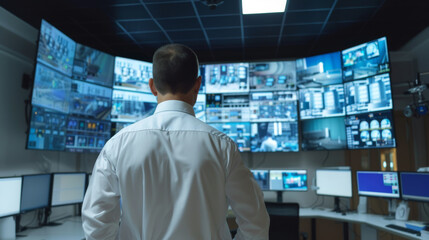 Security Professional Monitoring Multiple CCTV Feeds in a High-Tech Control Room