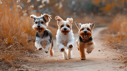 Three cute small dogs running on a field