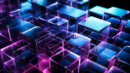 Abstract digital art of transparent overlapping squares with a neon glow on a black background, reflecting blue and purple hues