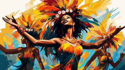Vibrant Illustration of Samba Dancers in Colorful Costumes, Exuding the Energy and Rhythm of a Brazilian Carnival with Artistic Flair.
