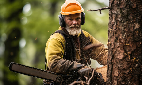 portrait of Faller, who Use axes or chainsaws to fell trees using knowledge of tree characteristics and cutting techniques to control direction of fall and minimize tree damage
