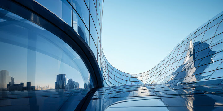 Modern architectural elegance: Upward view of a futuristic skyscraper's curved glass facade reflecting the clear blue sky