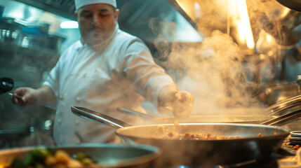 Ein professioneller Koch in der K&uuml;che am Herd bei der Zubereitung von einem Gourmet Essen Generative AI