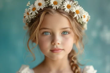 Poster Portrait of a caucasian girl, child with daisy flower wreath, childhood concept, spring, positive emotion, blue background © Berit Kessler