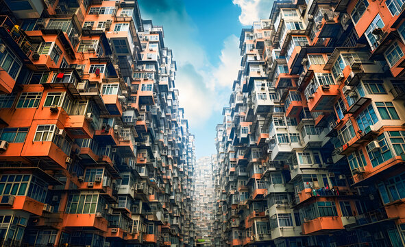 densely populated apartment buildings in Hongkong, China. Hong Kong is the most densely populated of the five boroughs of Hong Kong.