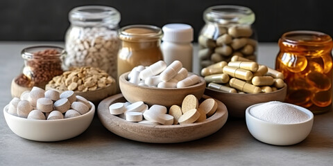  different supplements and pills are placed in various small bowls, Various dietary supplements for health and beauty, like collagen, vitamins, biotin, and protein, in pill and powder form - obrazy, fototapety, plakaty