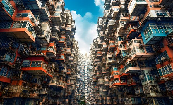 densely populated apartment buildings in Hongkong, China. Hong Kong is the most densely populated of the five boroughs of Hong Kong.