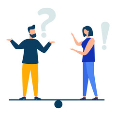 Vector illustration, conceptual illustration of frequently asked questions exclamation marks and question marks, answer to metaphor.