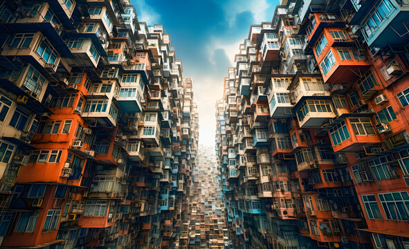 densely populated apartment buildings in Hongkong, China. Hong Kong is the most densely populated of the five boroughs of Hong Kong.