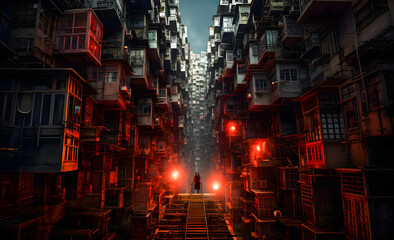 densely populated apartment buildings in Hongkong, China. Hong Kong is the most densely populated of the five boroughs of Hong Kong. - obrazy, fototapety, plakaty