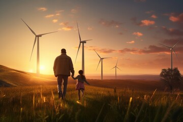 Father and daughter embrace renewable energy and nature.