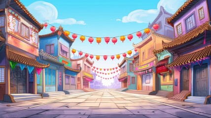 Obraz premium cartoon street scene with traditional architecture and hanging red lanterns.