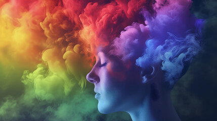 Woman's Profile with Colorful Rainbow Smoke for Neurodiversity Concept, Autism Awareness Month