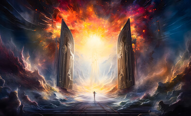 Mystical door to heaven with a man or woman standing at the entrance to a fantasy world background - obrazy, fototapety, plakaty