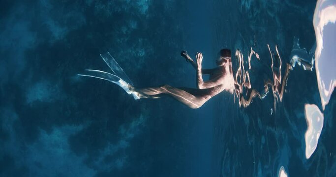 Female freediver resting on the surface of the ocean and looking at sharks in a tropical blue sea at Maldives.