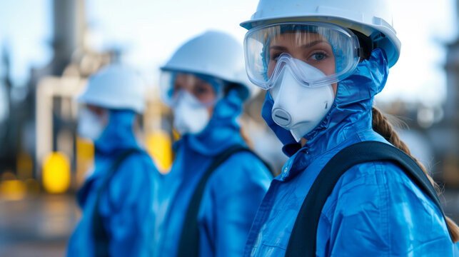 Industrial Workers in Protective Suits and Masks at Worksite