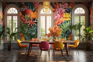 Fototapeta na wymiar Dining room with a full burst of tropical colors