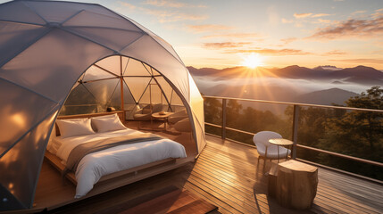 Sunrise View from a Mountain Top Geodesic Dome - obrazy, fototapety, plakaty