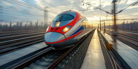 the new  highspeed passenger train, modern High speed train in motion on the railway station at sunset