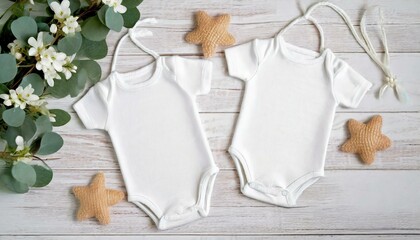White Onesie, Romper or Bodysuit for Babies - Baby Twin Celebration Announcement or Product Placement - Mockup for Naming - obrazy, fototapety, plakaty