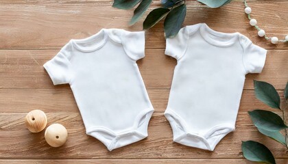 White Onesie, Romper or Bodysuit for Babies - Baby Twin Celebration Announcement or Product Placement - Mockup for Naming - obrazy, fototapety, plakaty