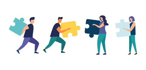 Business concept. People connect puzzle pieces. Team metaphor. Vector flat style symbol of teamwork, cooperation, partnership. isolated background eps 10