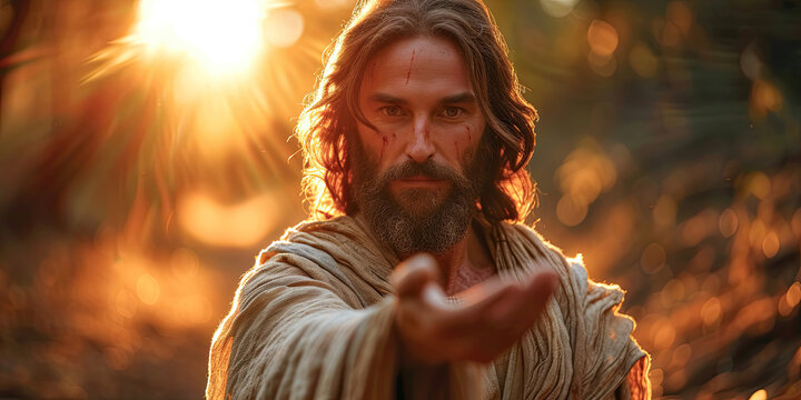 Jesus Christ son of God holding out hand, religious Bible illustration background, Christian art, generated ai