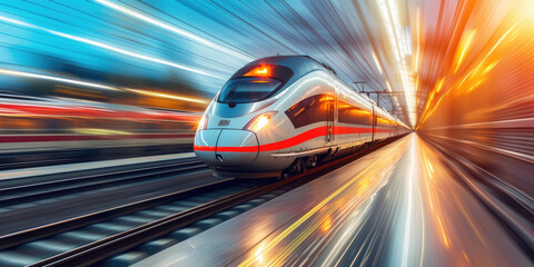 the new  highspeed passenger train, modern High speed train in motion on the railway station at sunset - obrazy, fototapety, plakaty