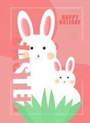 easter card. happy holiday. white rabbits on the pink background