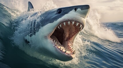 Fototapeta premium Shark jumping out of the ocean wave. Scary shark with an open mouth, swimming in the waves. Dangerous animal in the ocean. Shark infested waters