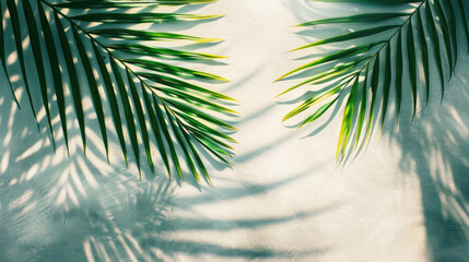 Palm leaves on an abstract white sand beach background, sun lights on the surface of the water, beautiful abstract background for design. - obrazy, fototapety, plakaty