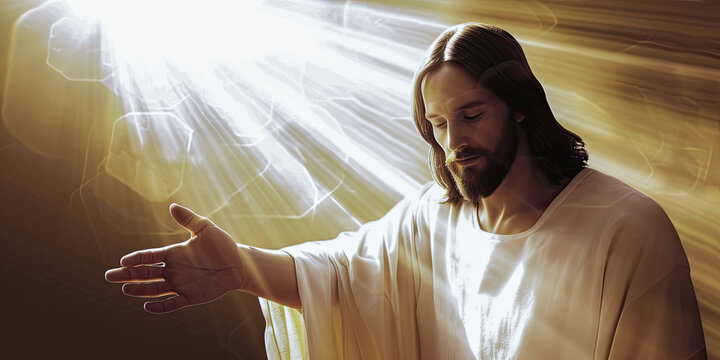 Jesus Christ son of God holding out hand, religious Bible illustration background, Christian art, generated ai