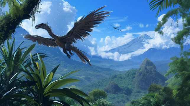 AI imagination of a Microraptor dinosaur. AI generated