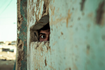 A young man looking through a hole in the wall of an abandoned building